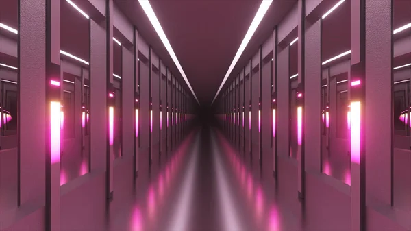 Sci Alagút Vagy Űrhajó Folyosó Kamera Egy Neonfényű Folyosón Halad — Stock Fotó
