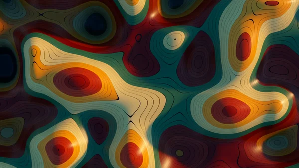 地形図の概念の抽象的な背景 輪郭の地図の縞 谷と山 地理的概念 波を背景に 魔法のネオンライト曲線の渦線 3Dイラスト — ストック写真