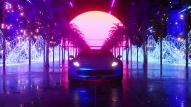 Araba ve şehir neon tarzı. 80 'lerin retro dalga arka planı 3D animasyon. Retro fütüristik araba neon şehirden geçiyor. Kusursuz döngünün 3d görüntüsü