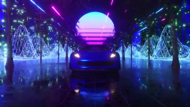 Auto en stad in neonstijl. 80s retro golf achtergrond 3d animatie. Retro futuristische auto rijden door neon stad. 3d weergave van naadloze lus — Stockvideo