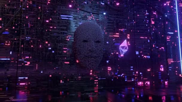 Le visage humain dans la salle des serveurs émerge des pixels et mange le symbole de pièce Ethereum. Intelligence artificielle et concept de développement de crypto-monnaie. Animation 3D de boucle transparente — Video