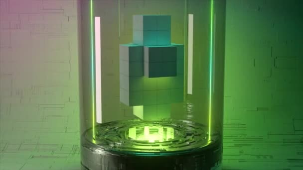 Pixel animatie van Ethereum munt symbool logo in glazen capsule in hoge definitie 4K met neon verlichting. Ethereum munt: naadloze lus animatie — Stockvideo