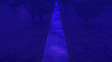 Araba, çölde asfalt yol boyunca hızlı bir hızla sihirli mavi bir renkle muhteşem bir günbatımına doğru koşar. 3d canlandırma