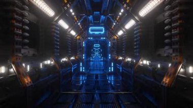Bir uzay gemisi tünelinde, bir bilim kurgu mekiği koridorunda uçuyor. Fütürist soyut teknoloji. Teknoloji ve gelecek kavramı. Yanıp sönen ışık. Kusursuz döngünün 3d Canlandırması.