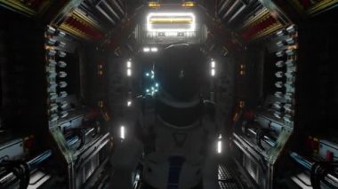 Uzay gemisi tünelinde yürüyen astronot, bilim kurgu mekiği koridoru. Fütürist soyut teknoloji. Teknoloji ve gelecek kavramı. Yanıp sönen ışık. 3 Boyutlu Canlandırma