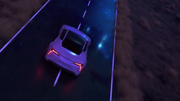 Автомобіль рухається на швидкості вздовж асфальтової дороги вздовж пустелі в приголомшливий захід сонця з магічним синім відтінком. 3D анімація — стокове відео