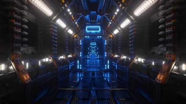 Voando em um túnel de nave espacial, um corredor de transporte de ficção científica. Tecnologia abstrata futurista. Tecnologia e conceito futuro. Luz intermitente. Animação 3d de loop sem costura. — Vídeo de Stock