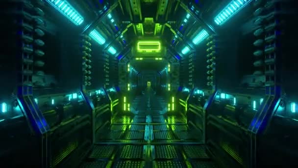 Létá v tunelu vesmírné lodi, v sci-fi koridoru. Futuristická abstraktní technologie. Technologie a koncepce budoucnosti. Blikající světlo. 3D animace bezešvé smyčky. — Stock video