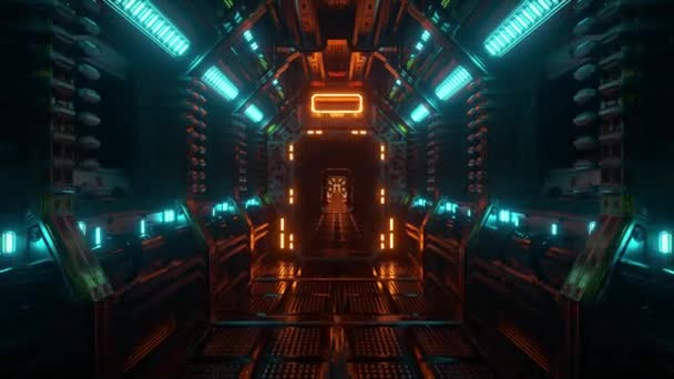 在宇宙飞船的隧道里飞行，一个科幻穿梭走廊。未来主义抽象技术。技术和未来的概念。闪光的光。3D无缝循环动画. — 图库视频影像