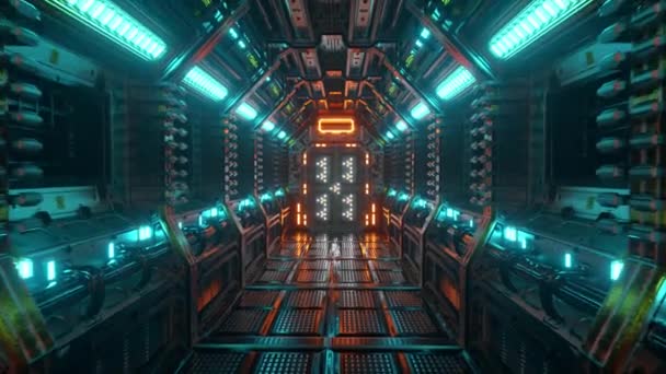 Vliegen in een ruimtetunnel, een sci-fi shuttle corridor. Futuristische abstracte technologie. Technologie en toekomstig concept. Knipperend licht. 3d Animatie van een naadloze lus. — Stockvideo
