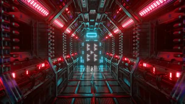 Vliegen in een ruimtetunnel, een sci-fi shuttle corridor. Futuristische abstracte technologie. Technologie en toekomstig concept. Knipperend licht. 3d Animatie van een naadloze lus. — Stockvideo