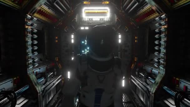 宇航员在宇宙飞船隧道中行走，科幻穿梭走廊。未来主义抽象技术。技术和未来的概念。闪光的光。3D动画 — 图库视频影像