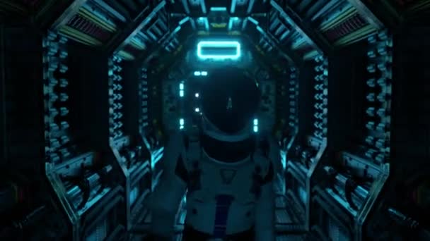 Astronaut loopt in ruimtetunnel, sci-fi shuttle corridor. Futuristische abstracte technologie. Technologie en toekomstig concept. Knipperend licht. 3D-animatie — Stockvideo