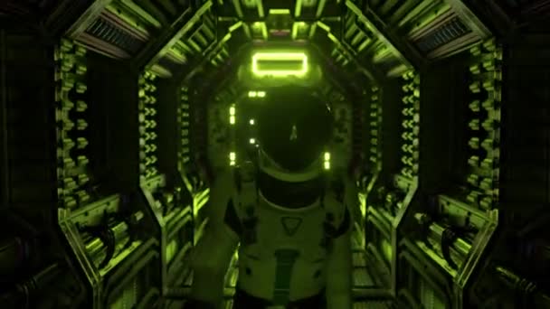 Astronaut promenader i rymdskepp tunnel, sci-fi skyttel korridor. Futuristisk abstrakt teknologi. Teknik och framtida koncept. Blinkande ljus. 3D-animering — Stockvideo