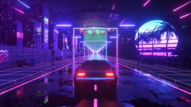 Araba ve şehir neon tarzı. 80 'lerin retro dalga arka planı 3D illüstrasyon. Retro fütüristik araba sürüşü neon şehirde.