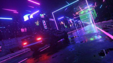 Araba ve şehir neon tarzı. 80 'lerin retro dalga arka planı 3D illüstrasyon. Retro fütüristik araba sürüşü neon şehirde.