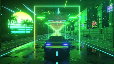 Araba ve şehir neon tarzı. 80 'lerin retro dalga arka planı. Retro fütüristik araba neon şehirden geçiyor. 3d illüstrasyon