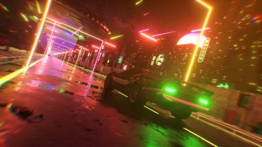 Araba ve şehir neon tarzı. 80 'lerin retro dalga arka planı 3D illüstrasyon. Retro fütüristik araba sürüşü neon şehirde.