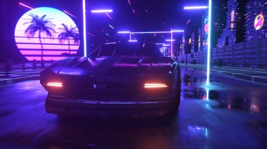 Araba ve şehir neon siber punk tarzında. 80 'lerin retrodalga arkaplan 3D illüstrasyonu. Retro fütüristik araba sürüşü neon şehirde.