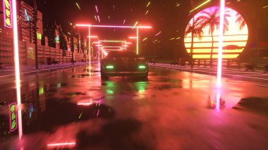 Araba ve şehir neon tarzı. 80 'lerin retro dalga arka planı 3D illüstrasyon. Retro fütüristik araba sürüşü neon şehirde.
