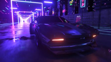 Araba ve şehir neon tarzı. 80 'lerin geçmişe dönük 3D illüstrasyon. Retro fütüristik araba sürüşü neon şehirde.