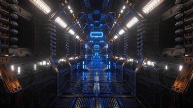 Bir uzay gemisi tünelinde, bir bilim kurgu mekiği koridorunda uçuyor. Fütürist soyut teknoloji. Teknoloji ve gelecek kavramı. Yanıp sönen ışık. 3d illüstrasyon