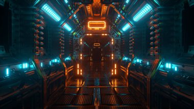 Bir uzay gemisi tünelinde, bir bilim kurgu mekiği koridorunda uçuyor. Fütürist soyut teknoloji. Teknoloji ve gelecek kavramı. Yanıp sönen ışık. 3d illüstrasyon