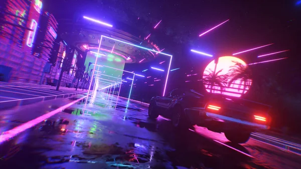 Araba ve şehir neon tarzı. 80 'lerin retro dalga arka planı 3D illüstrasyon. Retro fütüristik araba sürüşü neon şehirde.