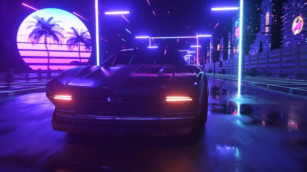 汽车和城市在霓虹灯网络朋克风格 80后向波背景3D插图 复古的未来派汽车驶过霓虹灯城 — 图库照片