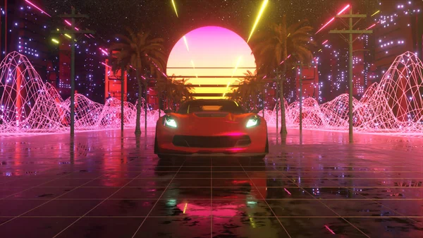 尼昂风格的汽车和城市 80年代复古波背景3D插图 复古的未来派汽车驶过霓虹灯城 — 图库照片