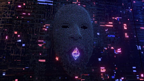 サーバールームの人間の顔はピクセルから現れ Ethereumコインシンボルを食べます 人工知能と暗号通貨開発の概念 3Dイラスト — ストック写真