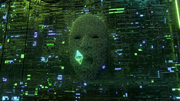 Emberi Arc Szerverszobában Pixelekből Emelkedik Megeszi Ethereum Érme Szimbólumot Mesterséges — Stock Fotó