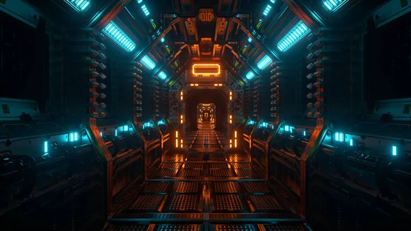 在宇宙飞船的隧道里飞行 一个科幻穿梭走廊 未来主义抽象技术 技术和未来的概念 闪光的光 3D说明 — 图库照片