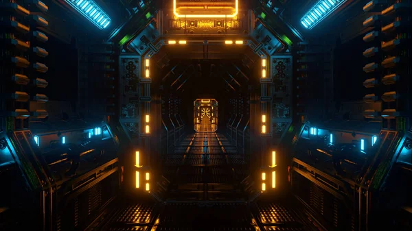 宇宙船のトンネル Sfシャトル回廊を飛んでいます 未来的抽象技術 テクノロジーと未来の概念 点滅する光 3Dイラスト — ストック写真