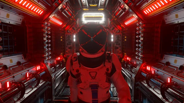 Astronauta Caminhar Túnel Nave Espacial Corredor Transporte Ficção Científica Tecnologia — Fotografia de Stock