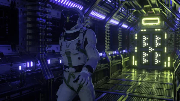 Astronauta Spacerujący Tunelu Statku Kosmicznego Korytarz Promu Sci Futurystyczna Abstrakcyjna — Zdjęcie stockowe