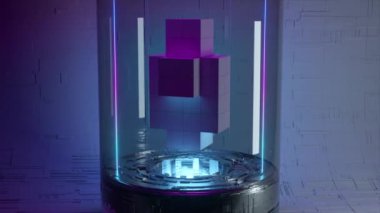 Yüksek çözünürlüklü 4K neon ışıklı cam kapsülde Ethereum sikke sembolü logosunun pikseli animasyonu. Ethereum Coin: Kusursuz Döngü Canlandırması