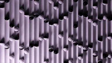 Yol boyunca yuvarlanan toplarla dolu parlak renkli bir arka plan. Plastik top geometriyi derinleştiriyor. Kusursuz bir döngünün 3d animasyonu