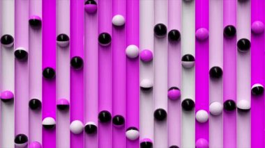 Yol boyunca yuvarlanan toplarla dolu parlak renkli bir arka plan. Minimalizm ve moda konsepti. Kusursuz bir döngünün 3d animasyonu