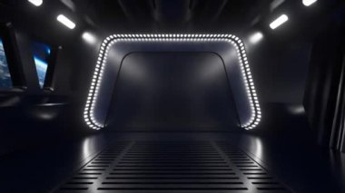 Uzayda neon ışıklı bir bilim kurgu tüneli. Uzay gemisinin penceresinin dışındaki Dünya gezegeni. Uzay teknolojisi konsepti. Kusursuz bir döngünün 3d animasyonu