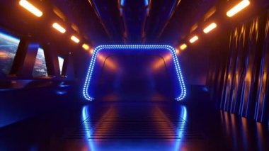 Uzayda neon ışıklı bir bilim kurgu tüneli. Uzay gemisinin penceresinin dışındaki Dünya gezegeni. Uzay teknolojisi konsepti. Kusursuz bir döngünün 3d animasyonu