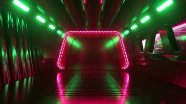 Uzayda neon ışıklı bir bilim kurgu tüneli. Uzay gemisinin penceresinin dışındaki Dünya gezegeni. Uzay teknolojisi konsepti. Kusursuz bir döngünün 3d animasyonu