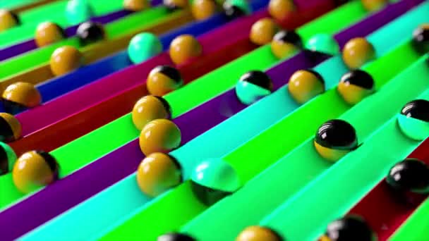 Bright colorful background with rolling balls along the paths. Minimalism and fashion concept. 3d animation of a seamless loop — Stock Video