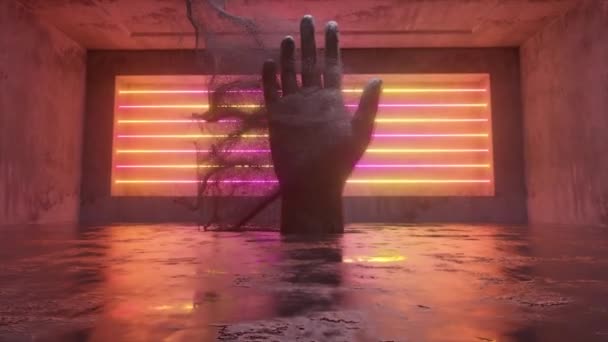 En menneskehånd av stein som slipper ut millioner av partikkelstrømmer i et fremtidig sci-fi-rom med moderne neonbelysning. Abstrakt 3d animasjon – stockvideo