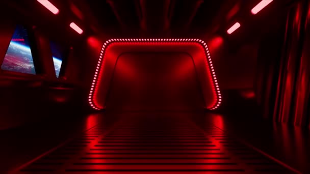 Научно-фантастический туннель в открытом космосе с неоновым светом. Планета Земля за окном космического корабля. Концепция космических технологий 3d анимация бесшовного цикла — стоковое видео