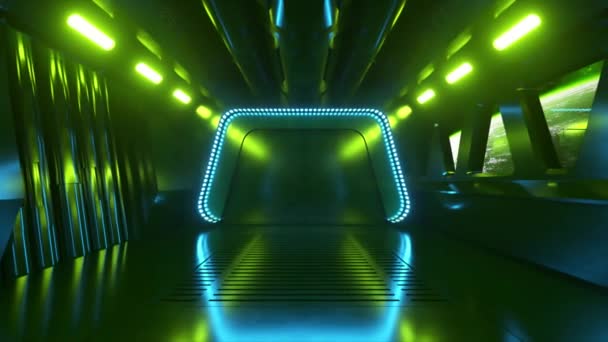 Science-Fiction-Tunnel im Weltraum mit Neonlicht. Planet Erde vor dem Fenster des Raumschiffs. Raumfahrttechnologiekonzept. 3D-Animation einer nahtlosen Schleife — Stockvideo
