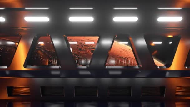 ネオンライトを備えた宇宙空間のSFトンネル。宇宙船の窓の外の惑星火星。宇宙技術の概念。シームレスなループの3Dアニメーション — ストック動画