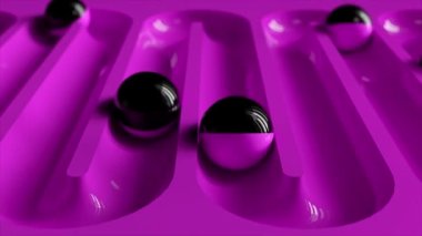 Yol boyunca yuvarlanan toplarla dolu parlak renkli bir arka plan. Plastik top geometriyi derinleştiriyor. Kusursuz bir döngünün 3d animasyonu