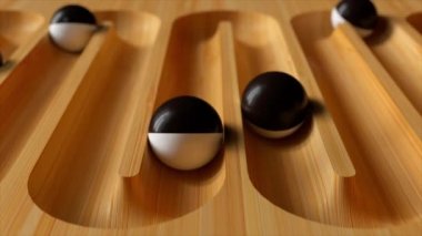 Yol boyunca yuvarlanan toplarla dolu parlak renkli bir arka plan. Plastik top geometriyi derinleştiriyor. Kusursuz bir döngünün 3d animasyonu