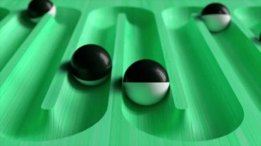Yol boyunca yuvarlanan toplarla dolu parlak renkli bir arka plan. Plastik top geometriyi derinleştiriyor. Kusursuz bir döngünün 3d animasyonu